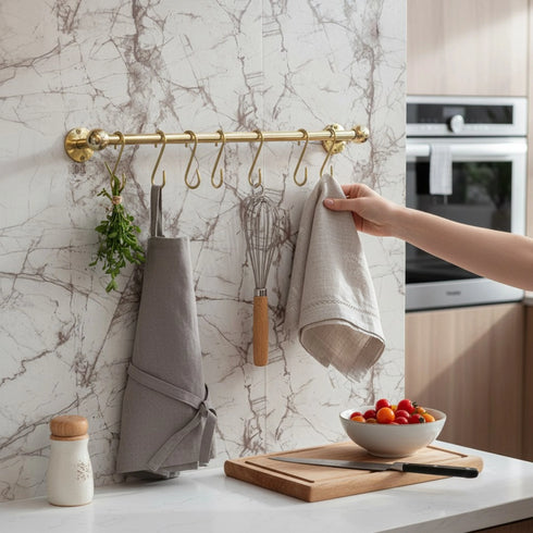 Handmade solid brass kitchen rail with S hooks
