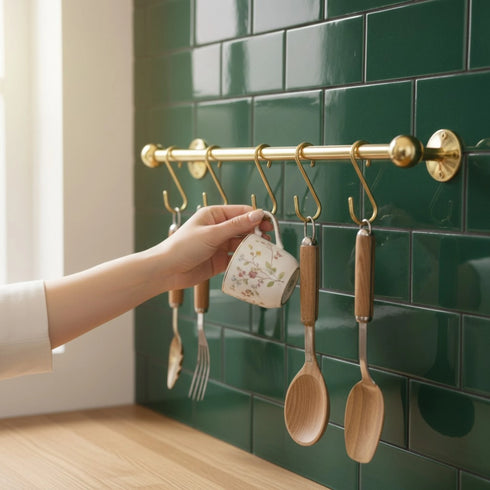 Handmade solid brass kitchen rail with S hooks
