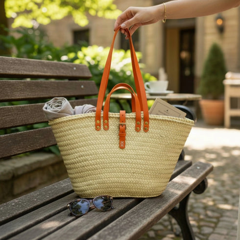 Handwoven large Moroccan straw basket with leather handles