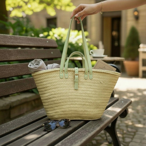 Handwoven large Moroccan straw basket with leather handles