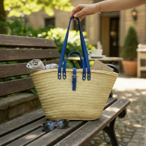 Handwoven large Moroccan straw basket with leather handles