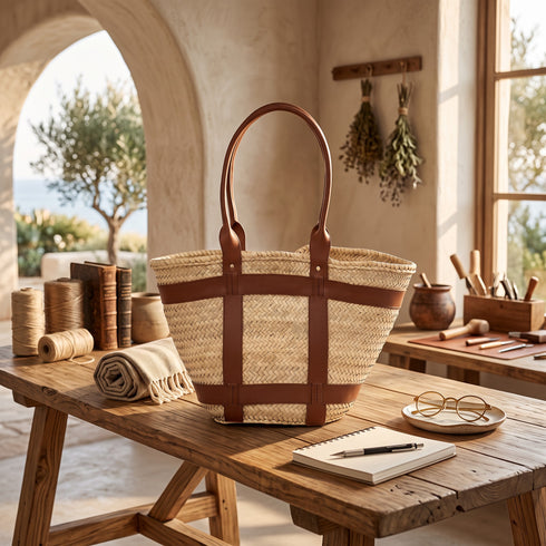 Handmade Moroccan Straw Tote Bag with Genuine Leather Craftsmanship Details