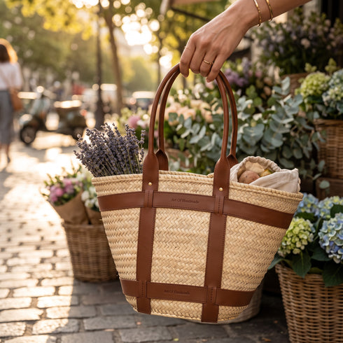 Handmade Moroccan Straw Tote Bag with Genuine Leather Craftsmanship Details
