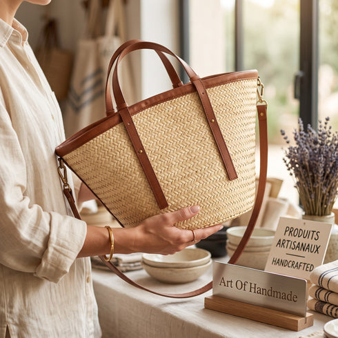 Handmade Moroccan Palm Straw Tote Bag with Genuine Leather Handles