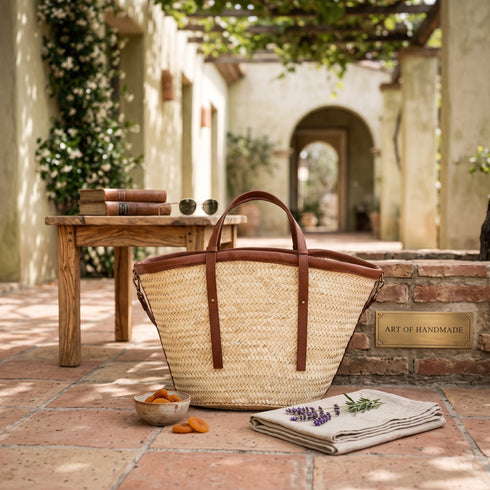 Handmade Moroccan Palm Straw Tote Bag with Genuine Leather Handles