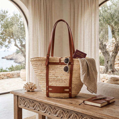 Handmade Moroccan Palm Straw Tote Bag with Genuine Brown Leather Straps