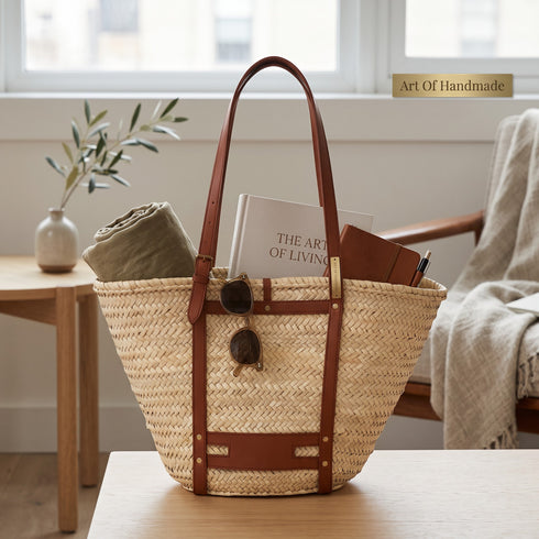 Handmade Moroccan Palm Straw Tote Bag with Genuine Brown Leather Straps