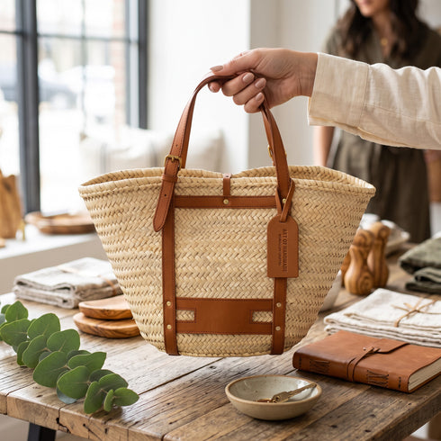 Handmade Moroccan Palm Straw Tote Bag with Genuine Brown Leather Straps