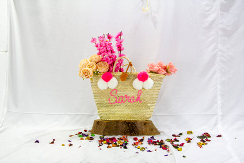 Customized Beach Basket purse for bride, Custom beach bag, gift for her, Girls Trip Bag Pompoms