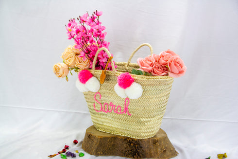 Customized Beach Basket purse for bride, Custom beach bag, gift for her, Girls Trip Bag Pompoms