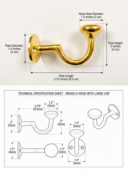 Handmade brass S hook with large cap for bathroom
