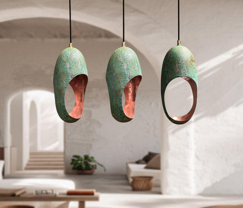 Infuse soulful farmhouse elegance with an Art of handmade verdigris copper light set.