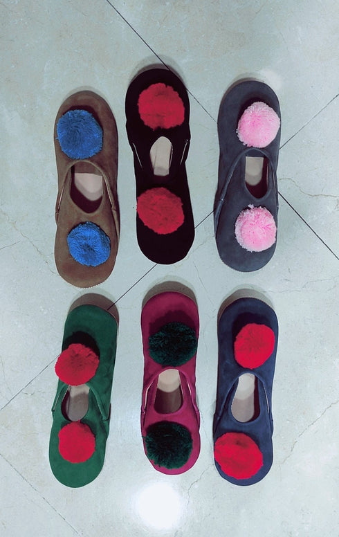 Womens Moroccan Suede Babouche Slippers, Handmade Slippers, Womens Suede Slippers, Babouche, Moroccan craft poms