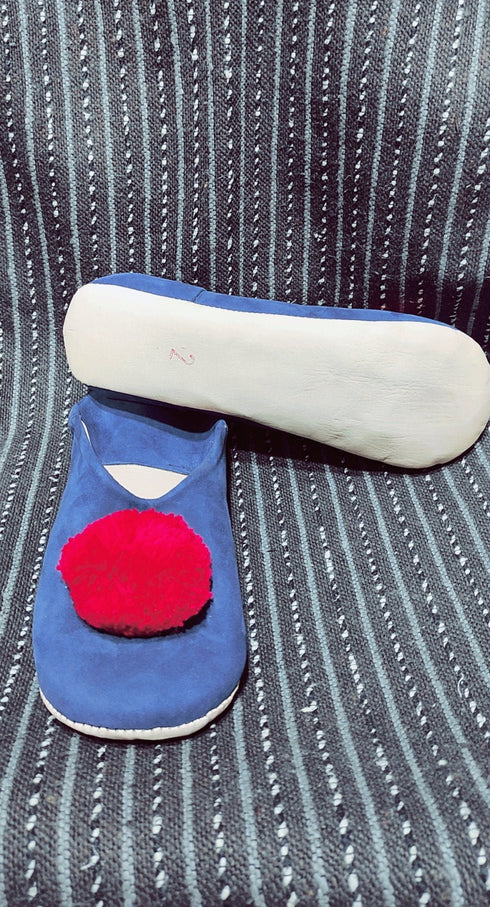 Womens Moroccan Suede Babouche Slippers, Handmade Slippers, Womens Suede Slippers, Babouche, Moroccan craft poms