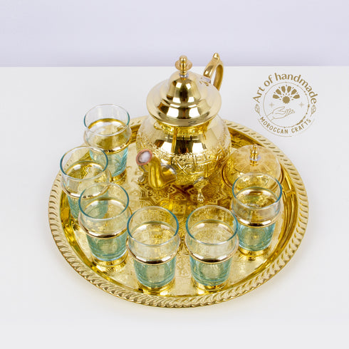 Set of 6 vintage Moroccan Tea Glasses, Authentic Teapot & Tray, handcrafted style cups, Sugar Holder , Vintage Set of copper