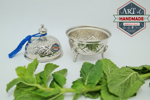 Moroccan Mint Tea Set : Silver Tray, Teapot, Integrated Filter, 3 Tea Glasses, Sugar holder decorated, Handmade in Morocco