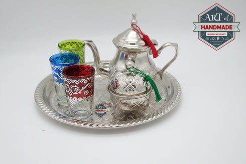 Moroccan Mint Tea Set : Silver Tray, Teapot, Integrated Filter, 3 Tea Glasses, Sugar holder decorated, Handmade in Morocco