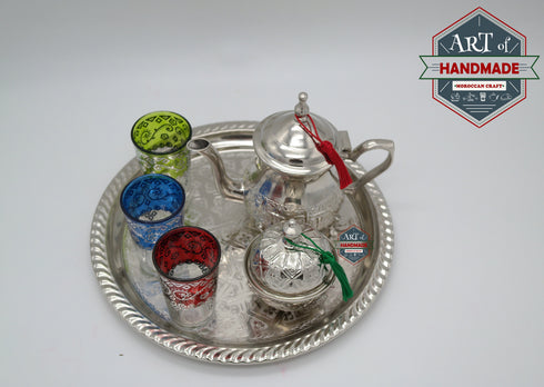 Moroccan Mint Tea Set : Silver Tray, Teapot, Integrated Filter, 3 Tea Glasses, Sugar holder decorated, Handmade in Morocco