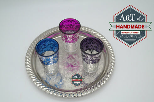 Moroccan Mint Tea Set : Silver Tray, Teapot, Integrated Filter, 3 Tea Glasses, Sugar holder decorated, Handmade in Morocco