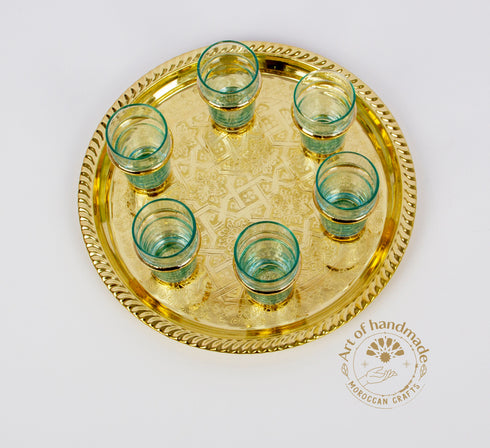 Set of 6 vintage Moroccan Tea Glasses, Authentic Teapot & Tray, handcrafted style cups, Sugar Holder , Vintage Set of copper