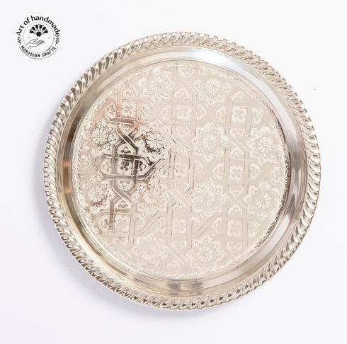Moroccan Tea Tray Serving Cocktail Silver Handmade Fez Small Or Large Round, Authentic Moroccan Elegant handcrafted Silver Serving