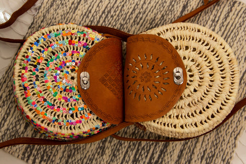 Round Straw Bag with Leather Handles Straps/Ladies Colorful Handbag/Palm Leaf Hand Painted Bag/Summer Sequins Bogg Weekend Wifey Bag