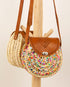 Ladies Colorful Handbag/Round Straw Bag with Leather Handles Straps/Palm Leaf Hand Painted Bag/Summer Sequins Bogg Weekend Wifey Bag