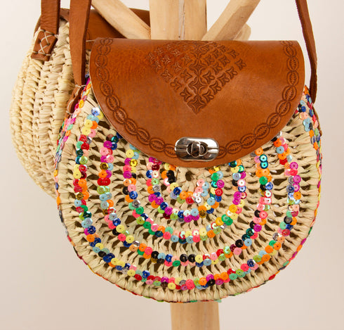 Palm Leaf Hand Painted Bag/Ladies Colorful Handbag/Round Straw Bag with Leather Handles Straps/Summer Sequins Bogg Weekend Wifey Bag