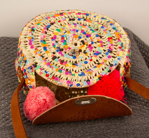 Ladies Colorful Handbag/Round Straw Bag with Leather Handles Straps/Palm Leaf Hand Painted Bag/Summer Sequins Bogg Weekend Wifey Bag