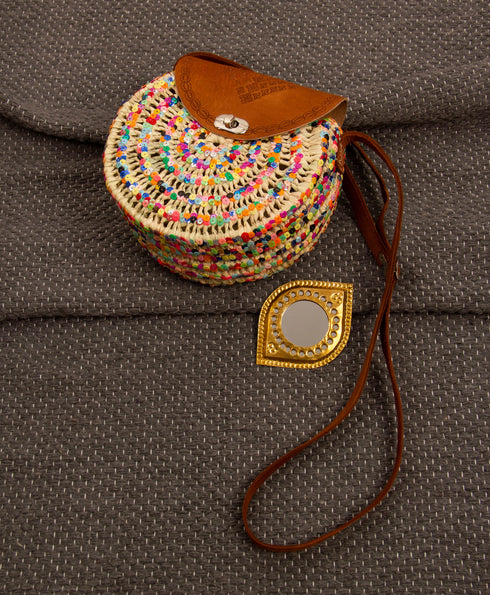 Palm Leaf Hand Painted Bag/Ladies Colorful Handbag/Round Straw Bag with Leather Handles Straps/Summer Sequins Bogg Weekend Wifey Bag