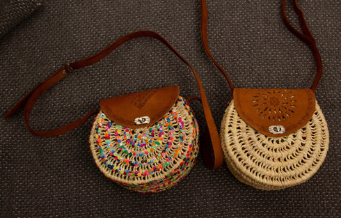 Ladies Colorful Handbag/Round Straw Bag with Leather Handles Straps/Palm Leaf Hand Painted Bag/Summer Sequins Bogg Weekend Wifey Bag