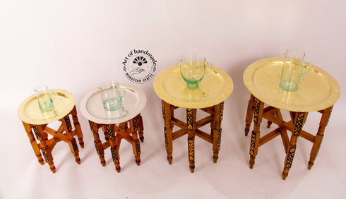 Handcrafted Moroccan 11" OR 13" Round Brass Tray Table with folding Wood Stand Brass Coffee Tea Table Moroccan Home Decor Moroccan Furniture