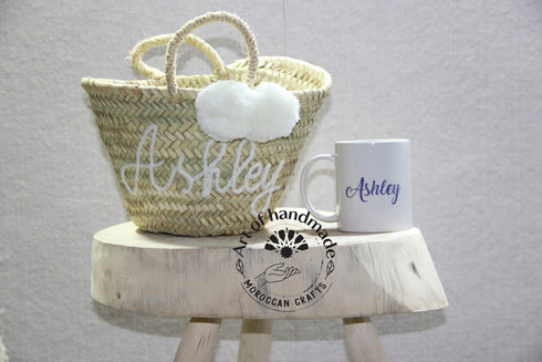 Personalized bridal basket + Personalized Coffee Mug Bridesmaid Bag , Customized Basket, Embroidery basket, Personalized Mug for Men Women