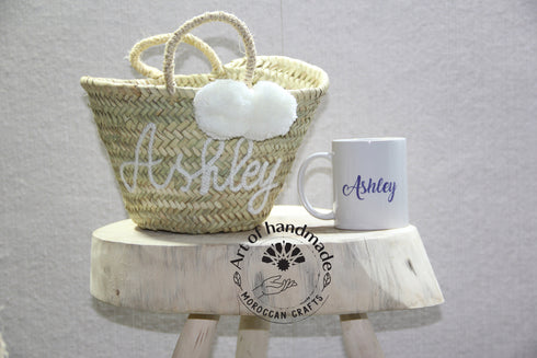 Personalized bridal basket + Personalized Coffee Mug Bridesmaid Bag , Customized Basket, Embroidery basket, Personalized Mug for Men Women